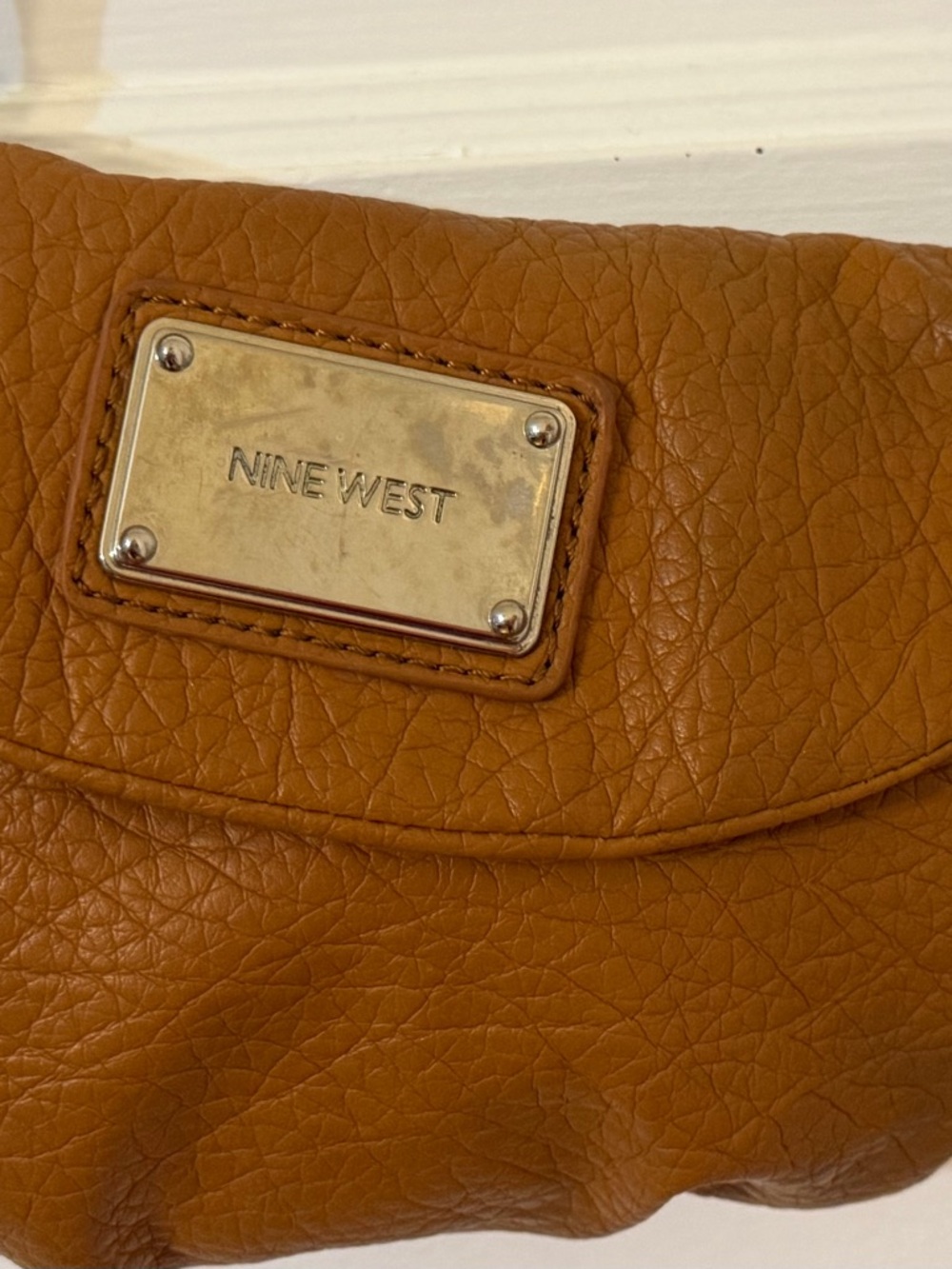 Nine West Caramel Tan Leather Clutch with Gold Plate